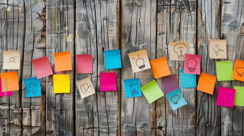 Colorful sticky notes with lightbulb drawings on a rustic wooden wall.  A visual representation of brainstorming and creativity.