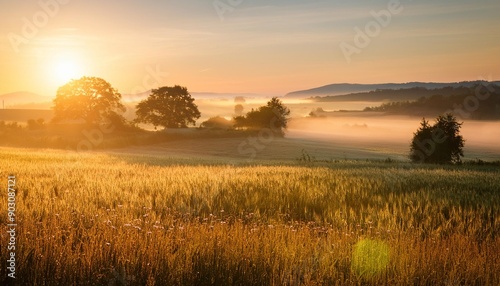 tranquil countryside at dawn with morning mist rising from the fields the first light of day creating a golden glow over the landscape