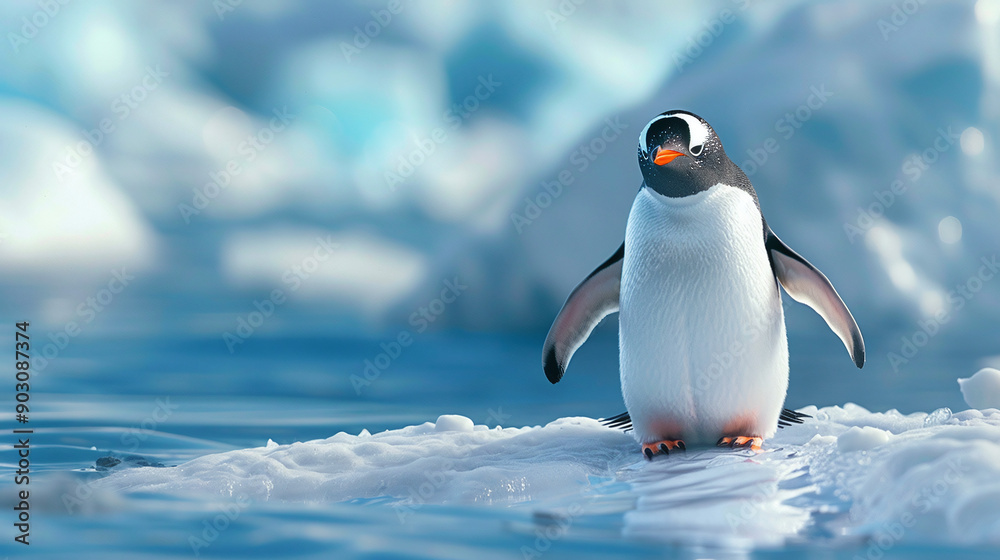 Fototapeta premium A cute penguin waddling on a snowy ice floe with a backdrop of icy blue waters