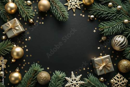 New Year's card for 2025 with a beautiful background, Christmas background, sparkling gold and blue confetti. Panoramic background for a banner for New Year and Christmas