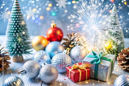 New Year's card for 2025 with a beautiful background, Christmas background, sparkling gold and blue confetti. Panoramic background for a banner for New Year and Christmas