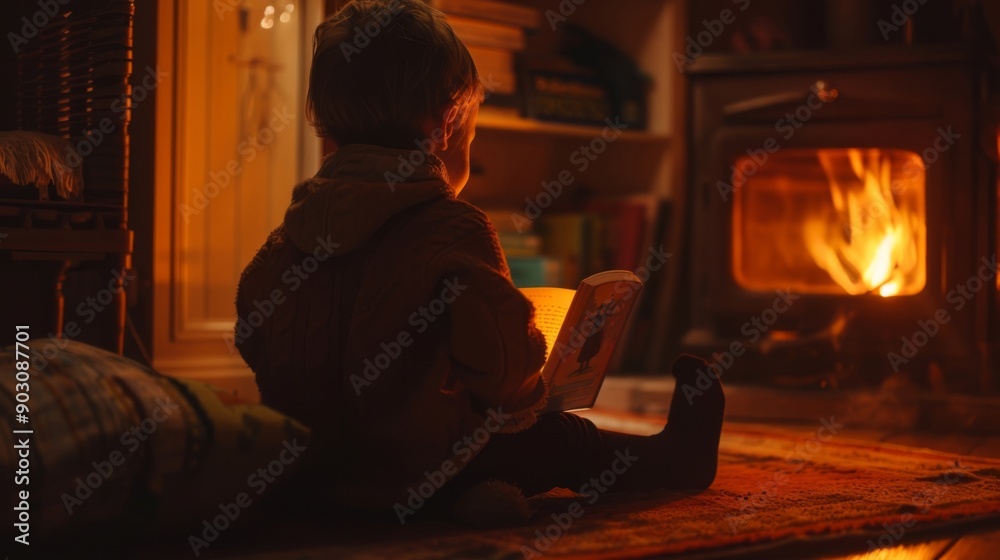 Child reading by the fireplace. Warm and cozy setting. Capturing the essence of comfort. Perfect for winter-themed stories and family-related content. Child reading by the fireplace. Warm and cozy setting. Capturing the essence of comfort. Perfect for winter-themed stories and family-related content.