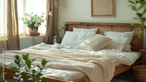 photography of a cozy bedroom with a wooden bed
