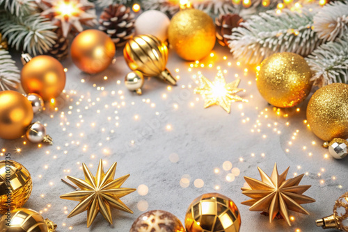 New Year's card for 2025 with a beautiful background, Christmas background, sparkling gold and blue confetti. Panoramic background for a banner for New Year and Christmas
