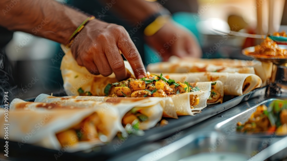 Hands are seen expertly preparing a spiced Indian flatbread roll dish with vegetables, demonstrating the intricate art of creating a traditional Indian street food staple on a hot tray. Hands are seen expertly preparing a spiced Indian flatbread roll dish with vegetables, demonstrating the intricate art of creating a traditional Indian street food staple on a hot tray.