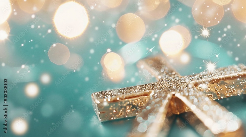 Close-up of a gold gift box on a blue background with bokeh of lights and snowflakes Close-up of a gold gift box on a blue background with bokeh of lights and snowflakes
