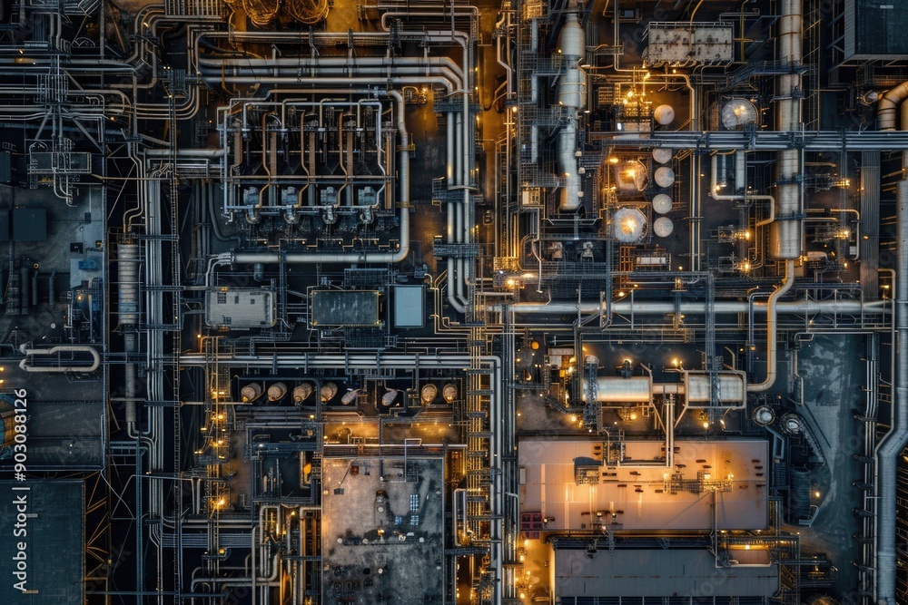 Industrial Aerial View: Sprawling Factory at Night with Complex Pipe Network for Urban Design & Technology Industrial Aerial View: Sprawling Factory at Night with Complex Pipe Network for Urban Design & Technology