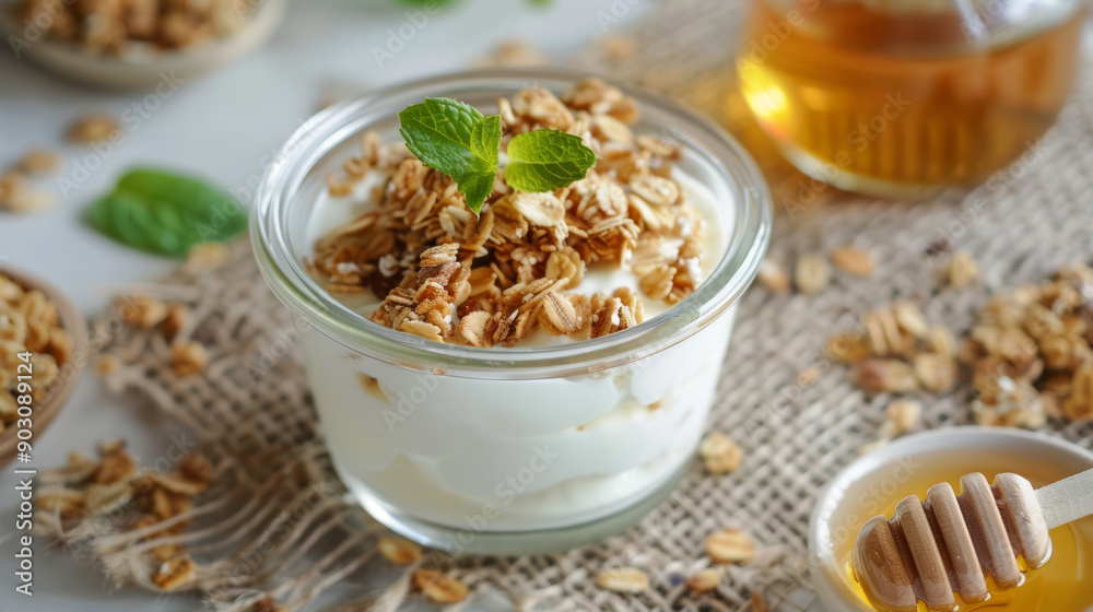 Delicious granola topped yogurt with honey served in a clear jar for breakfast delight Delicious granola topped yogurt with honey served in a clear jar for breakfast delight