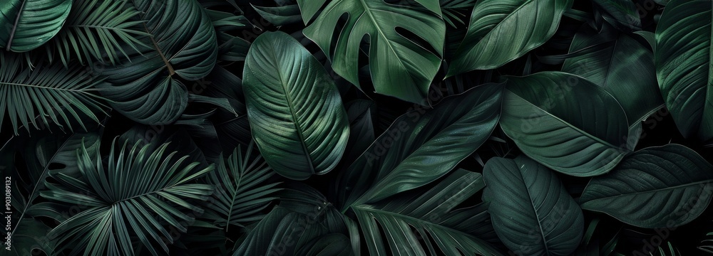 Close-up of Diverse Tropical Leaves in Dark Green Close-up of Diverse Tropical Leaves in Dark Green