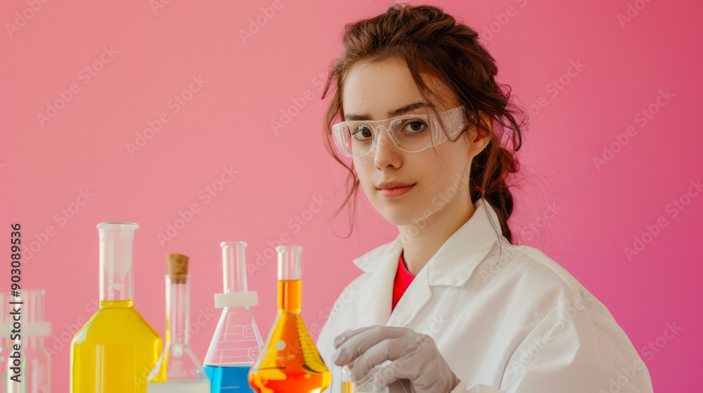Student conducting chemistry experiments in a modern laboratory during daytime hours Student conducting chemistry experiments in a modern laboratory during daytime hours