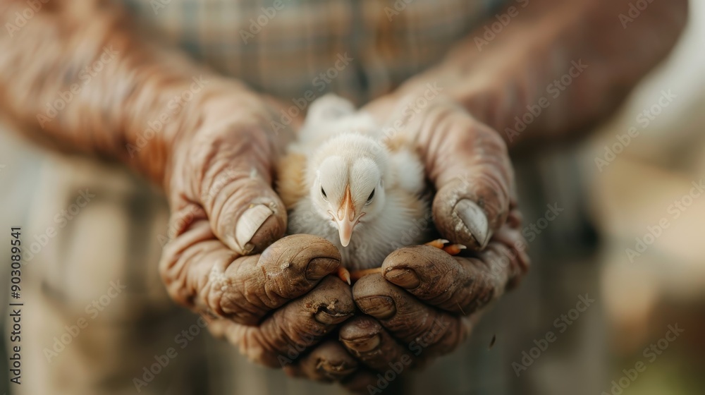 A farmer's hands, weathered and dirt-stained, gently cradling a soft, fluffy newborn chick, capturing the tenderness and care in agricultural life. A farmer's hands, weathered and dirt-stained, gently cradling a soft, fluffy newborn chick, capturing the tenderness and care in agricultural life.