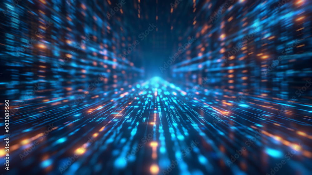 Naklejka premium Abstract digital background with binary code streams in a futuristic setting, showcasing technology and data flow.