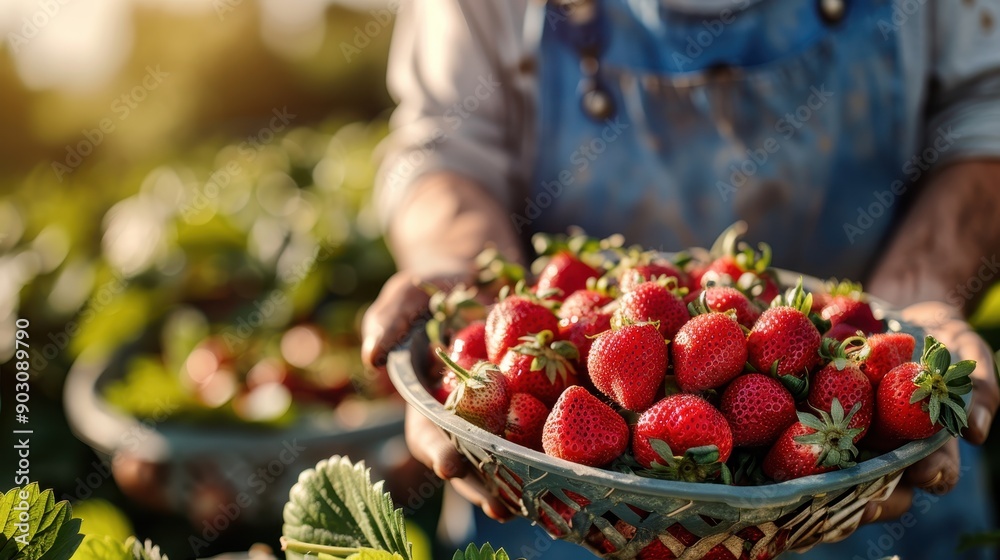 Handheld view of a basket brimming with freshly picked, ripe strawberries outdoors, portraying the bounty of nature and the joy of harvest in a rustic, natural setting.