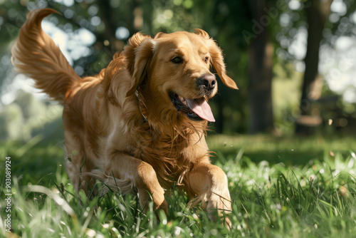 A beautiful golden retriever runs through the green grass in the park. Happy dog playing in the park.