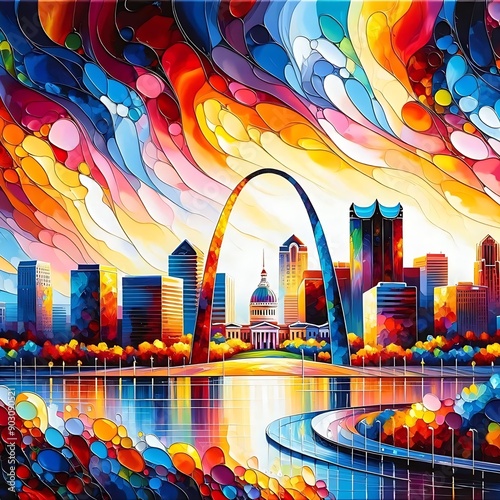 A vibrant and colorful digital artwork depicting the St. Louis skyline