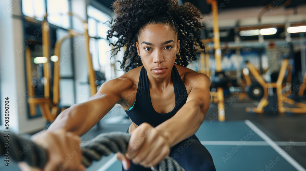 Young athletic woman in the gym with rope. A woman with curly hair is training on the ropes in the gym. Sports background for design. Young athletic woman in the gym with rope. A woman with curly hair is training on the ropes in the gym. Sports background for design.