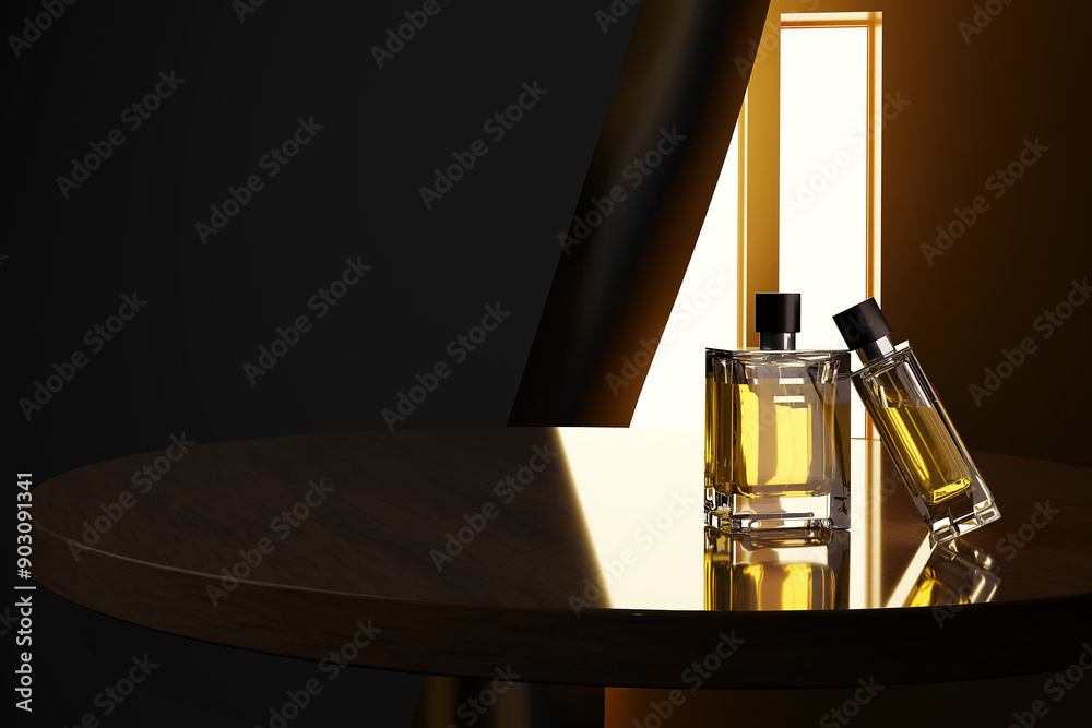 Two beautiful bottles of perfume are elegantly sitting on a wooden table, 3d render Two beautiful bottles of perfume are elegantly sitting on a wooden table, 3d render