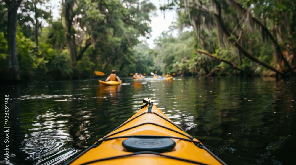 Fototapeta premium A group of kayakers paddles down a lush green river, surrounded by dense vegetation and overcast skies, creating a picturesque scene of outdoor adventure and communion with nature.