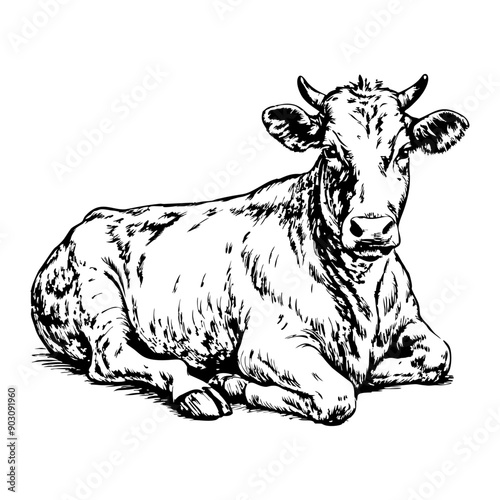 cow lying down, side view, on a white background