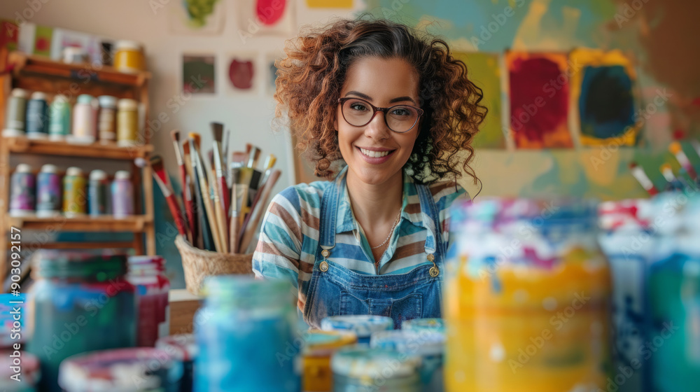 Woman organizing paint supplies in an art studio while smiling and preparing for creativity Woman organizing paint supplies in an art studio while smiling and preparing for creativity