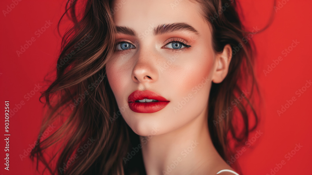 Fototapeta premium Woman showcasing bold lipstick against striking red background in stylish portrait