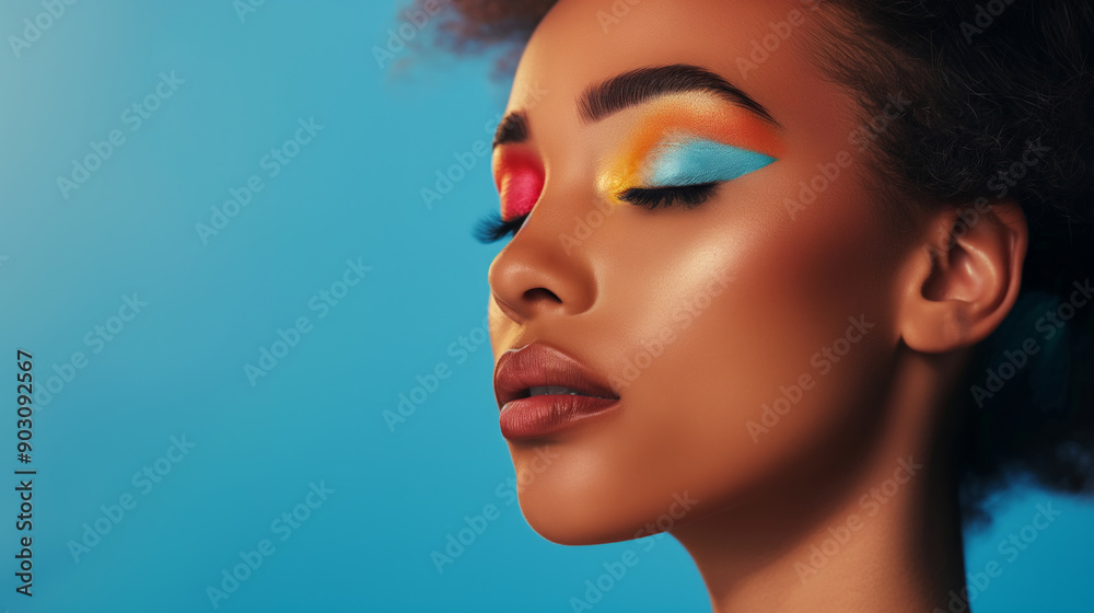 Brightly colored eye shadow application on a woman with natural hair in a studio setting Brightly colored eye shadow application on a woman with natural hair in a studio setting
