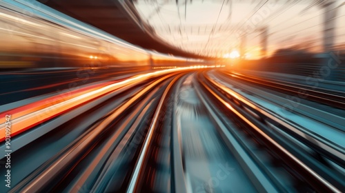 This photo showcases the dramatic speed and energy of a train racing along the tracks at sunset  created with motion blur to highlight its swift motion and beautiful scene.