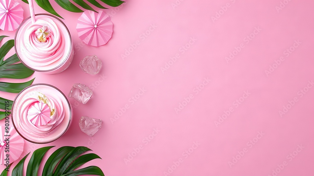 Pink backdrop with green foliage; pink cupcakes with pink frosting and umbrellas on top Pink backdrop with green foliage; pink cupcakes with pink frosting and umbrellas on top