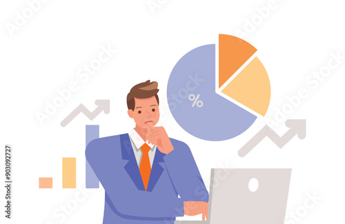 Male investor analysis capital trading, increases stocks on computer character vector design. Flat illustration style.