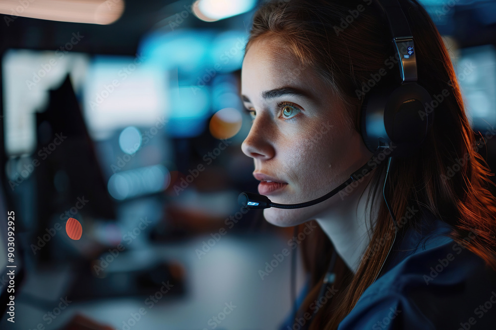 A woman wearing a headset is looking at a computer screen. A woman wearing a headset is looking at a computer screen.