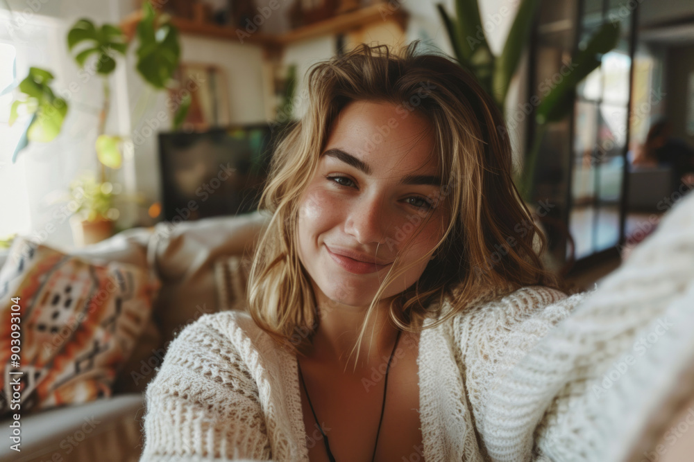Young woman enjoying a relaxed moment taking a selfie in her cozy living room Young woman enjoying a relaxed moment taking a selfie in her cozy living room