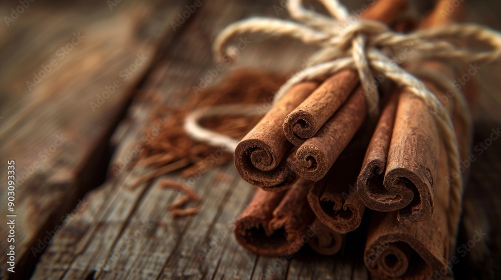 Bundle of Cinnamon Sticks on Rustic Wooden Background Bundle of Cinnamon Sticks on Rustic Wooden Background