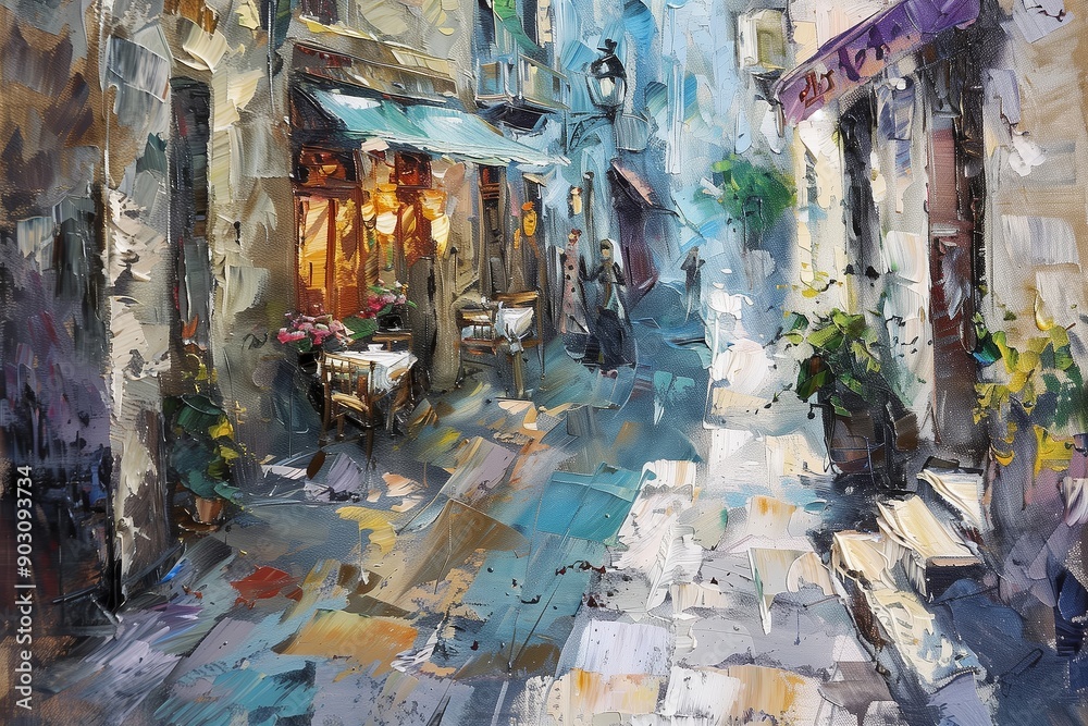 Fototapeta premium A picturesque painting of a narrow street with charming buildings, an outdoor seating area, and warm light from the shop.