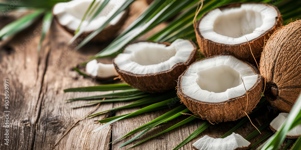A rustic wooden table features opened coconuts with green leaves, presenting a natural, tropical, and fresh scene. A rustic wooden table features opened coconuts with green leaves, presenting a natural, tropical, and fresh scene.