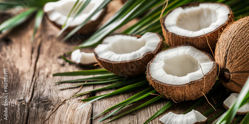 A rustic wooden table features opened coconuts with green leaves, presenting a natural, tropical, and fresh scene.