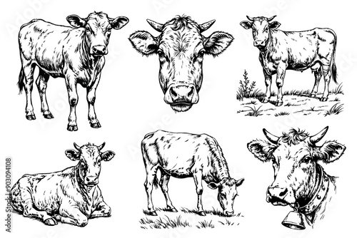 cow set illustration ink sketch. Farm bull background beef animal silhouette art. Black and white hand drawn vector image