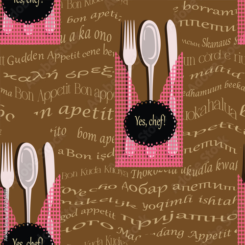 Vector pattern of forks, knives and spoons to be served in napkinsin, many languages ​​bon appetit wishes to everyone.