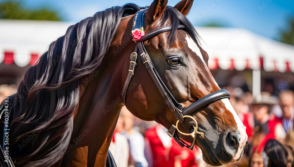 Obraz premium Close-up of a horse head at an equestrian competition, showing the intense focus and grace of the animal during the event