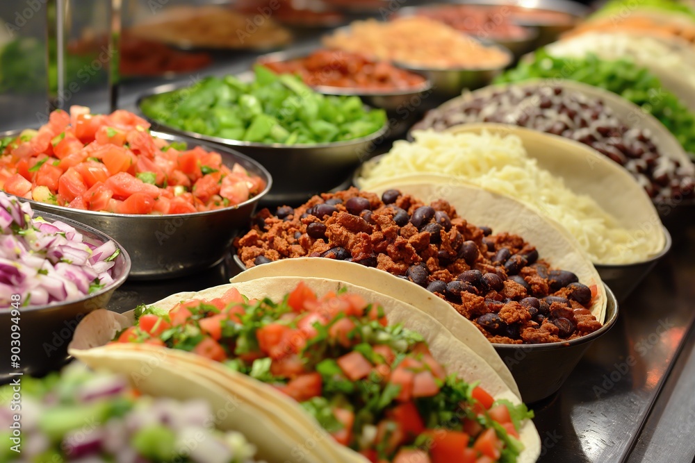 Fototapeta premium A table laden with ingredients for creating custom burritos.