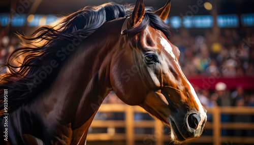 Close-up of a horse head at an equestrian competition, showing the intense focus and grace of the animal during the event