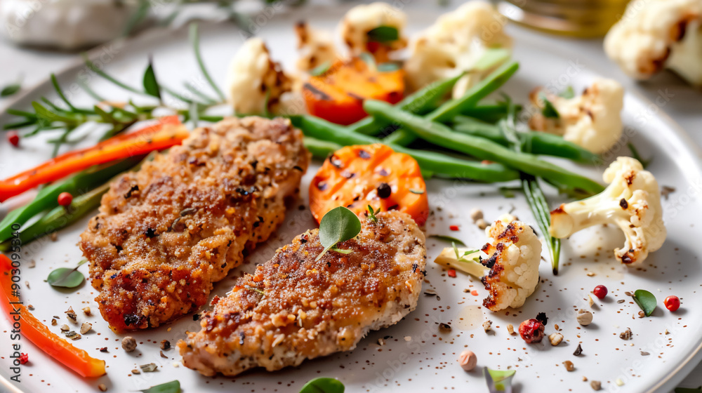 The image depicts a plate of food: vegetables and chicken The image depicts a plate of food: vegetables and chicken