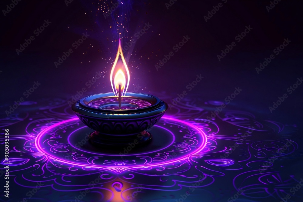 Mystery diya oil lamp with purple neon glowing rangoli pattern. Indian holiday and Hinduism religion concept. For Diwali celebration. Digital illustration for poster, banner, greeting card Mystery diya oil lamp with purple neon glowing rangoli pattern. Indian holiday and Hinduism religion concept. For Diwali celebration. Digital illustration for poster, banner, greeting card