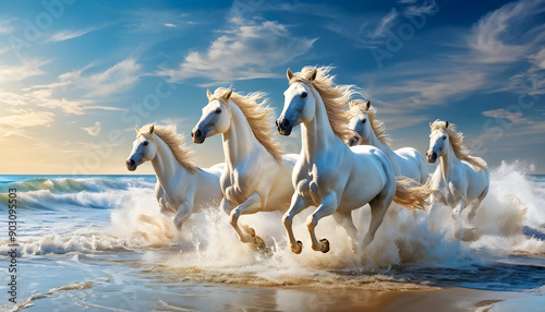 A herd of white horses running on water, creating a majestic and powerful scene with splashing effects