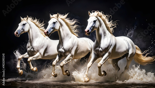 A herd of white horses running on water, creating a majestic and powerful scene with splashing effects