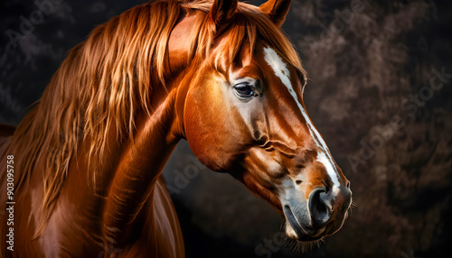 Close-up of a horse head at an equestrian competition, showing the intense focus and grace of the animal during the event