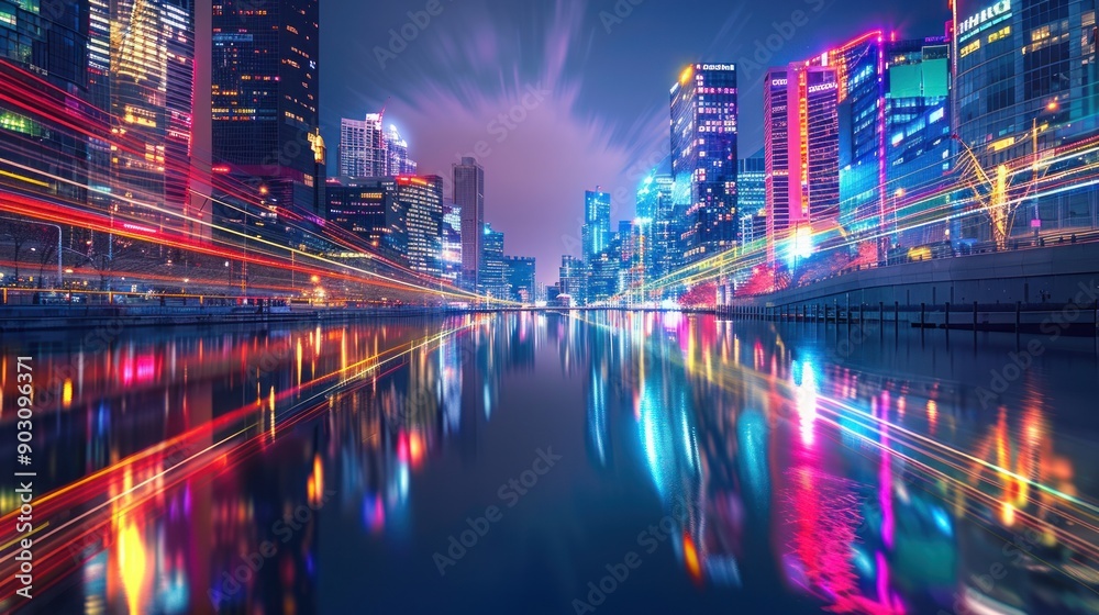 Obraz premium Cityscape with Vivid Lights and Reflections