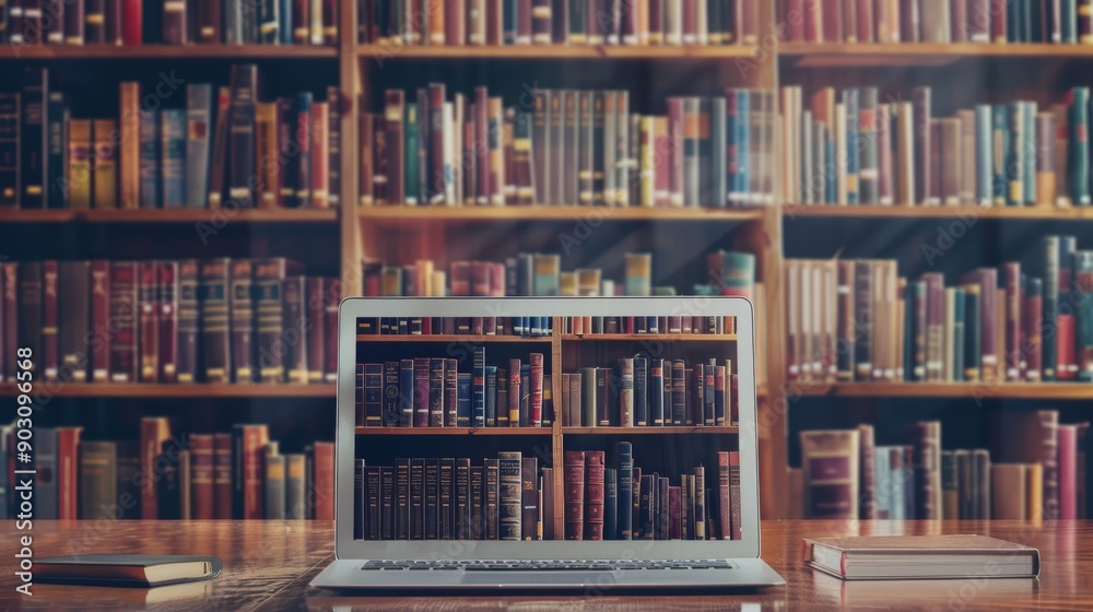 Digital Library Interface on Laptop with Selection of E-books, Research Papers, and Journals Digital Library Interface on Laptop with Selection of E-books, Research Papers, and Journals