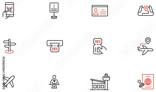 Vector Set of Linear Icons Related to Air Travel, Boarding pass and Airplane Ticket. Mono line pictograms and infographics design elements