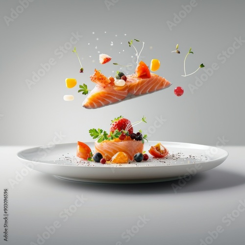 Creative gourmet dish concept floating salmon with fresh ingredients on white plate. High-end culinary art showcasing modern food styling for restaurants and food photographers. AI photo