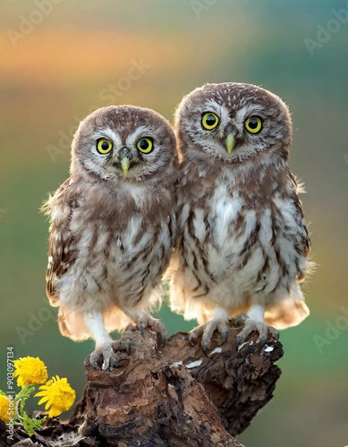 Two little owl Athene noctua on a beautiful background.